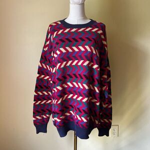 Vintage 90s Zig Zag Sweater Hand Loomed Red Blue 100% Cotton Crewneck Large